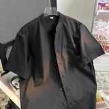 AIDASE  -  American Standing Collar Short Sleeved Shirt Solid Color Casual Summer Shirts Coat Loose Retro Male Clothing aidase-shop