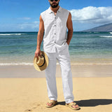 AIDASE  -  Suit Suits For Men Men'S Loose Fitting Beach Linen Casual Sleeveless Shirt And Straight Leg Trousers Suit Homecoming Men Attire aidase-shop