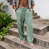 AIDASE  -  Men's Casual Solid Color Linen Feel Drawstring Wide Leg Pants Beach Trousers aidase-shop