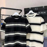 AIDASE  -  Color Blocking Striped T-shirt Men's Heavyweight Cotton Short Sleeved Tee Loose O-neck Base Shirt Summer American Couple Tops aidase-shop