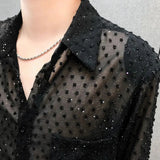 Aidase Mens Sexy Mesh See-Through Long-Sleeved Shirt Autumn Genderless Fashion Youth Nightclub Shiny Breathable Performance Top Unisex aidase-shop