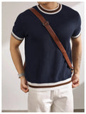 AIDASE  -  New Summer Men's Short-Sleeve Knitted Shirt Crew Neck Top Color-Blocked Striped Ice Silk Breathable Slim Fit Business T- Shirt aidase-shop