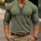 AIDASE  -  Spring Autumn Men T-Shirts Mesh Patchwork Long Sleeve Top Tees Solid Lace Up V-Neck Casual Bottom Blouse Men Tees Tops aidase-shop