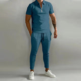 AIDASE  -  Fashion Striped Print Mens Tracksuits Spring Summer Short Sleeve Lapel Zipper Tops and Pants Two Piece Sets Men Sports Clothing aidase-shop