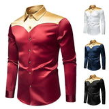 AIDASE  -  New Men's Satin Smooth Color Long Sleeved Shirt Contrast Color Patchwork Single Breast Male Tops aidase-shop