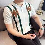 AIDASE  -  Contemporary Men's Polo: White Shirt with Earth-Tone Geometric Lines | Office-to-Outing Versatility M-4XL aidase-shop