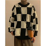 Winter Korean Fashion Mens Pullovers Checkerboard Plaid Sweater Thick Warm Cashmere Sweater Men Luxury Patchwork Pull Homme aidase-shop