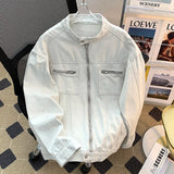 AIDASE  -  Washed Jeans Coat Worn Deconstructed Stand Collar Denim Jacket for Men's American Cleanfit Design Canvas Zipper Jacket aidase-shop
