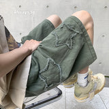 Aidase Vintage Star Patchwork Shorts Men Summer All-match Hot Sale Ulzzang Leisure Streetwear Chic Denim Short Pants Plus Size 5XL