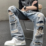 AIDASE  -  European and American High Street Spring and Autumn Vintage Destruction Washed Straight leg Jeans Couple Hip Hop Casual Pants aidase-shop