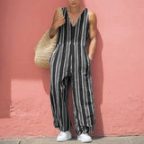 AIDASE  -  Men Jumpsuits Striped V Neck Sleeveless Casual Male Rompers Streetwear Loose Vacation Summer Fashion Male Overalls S-5XL aidase-shop