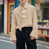 AIDASE  -  Men Shirt Striped Flower Decoration Lapel Long Sleeve Men Clothing With Tie Streetwear Fashion Casual Tops Male Shirts aidase-shop