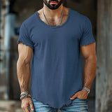 AIDASE  -  Men's Vintage Washed Frayed Edge Soft T-Shirt Casual Deep U-Neck Irregular Hem Short Sleeve Tee Loose Fit Streetwear Summer Tops aidase-shop