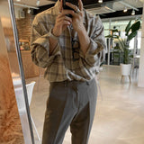 Aidase Autumn Cotton Long Sleeve Shirt Men Fashion Retro Khaki Black Plaid Shirts Mens Korean Loose Oversized Casual Shirt Men M-2XL aidase-shop