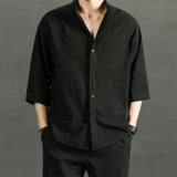 AIDASE  -  Male Shirts Linen Black Half Sleeve Men's Shirt Oversize With Sleeves Trend Cotton Elegant Fashion Regular Collar Man I aidase-shop