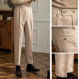 Aidase Men's Luxury Naples Slim-fit High Waist Dress Pants Fashion Solid Color British Retro Premium Elegant Woolen Leisure Trousers