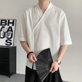 AIDASE  -  New Chinese Style Men Shirt Summer V-neck Short Sleeve Breathable Design Solid Color Casual Male Clothing 21E5869 aidase-shop