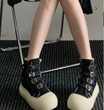 AIDASE  -  Fashion Women Buckle Strap Canvas Shoes High Top Thick Sole Height Increasing Short Ankle Boots Black Beige Autumn Sneakers aidase-shop