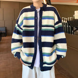 AIDASE  -  Japanese Vintage Striped Sweater Retro Contrasting Striped Cardigan Sweater Men's Spring Autumn Loose Lazy Style Knitted Jacket aidase-shop