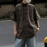 AIDASE  -  Men Vintage Leopard Print Contrast Color Corduroy Shirt Summer Casual Streetwear Y2K Oversized Short Sleeve Tops Ropa De Hombre aidase-shop