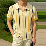 AIDASE  -  Men Striped Shirt Lapel Short Sleeve Summer Streetwear Men Clothing Loose 2025 Fashion Casual Male Shirts Tops S-5XL
