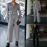 Aidase Spring Autumn Fashion Men Small Suit Set Tailored Collar Long Sleeve Irregular Tops And Straight Pants Two Piece Sets Loose Outf