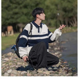 AIDASE  -  Retro Contrast Striped POLO Collar Sweatshirt for Men Loose Fashionable Casual Top aidase-shop