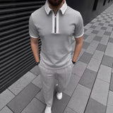 AIDASE  -  Summer Men's POLO Shirt Zipper Contrasting Color Lapel Short-sleeved Top Casual Solid Color Trousers Set aidase-shop