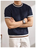 AIDASE  -  New Summer Men's Short-Sleeve Knitted Shirt Crew Neck Top Color-Blocked Striped Ice Silk Breathable Slim Fit Business T- Shirt aidase-shop
