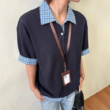 AIDASE  -  Fake Two-piece Men T-shirts Lapel Plaid Design Contrast Color Patchwork Casual Menswear Loose Short Sleeve Male Tees aidase-shop