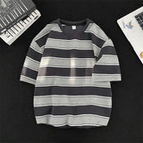 AIDASE  -  Japanese Couple Color-blocking Short-sleeved T-shirt Hong Kong Style Loose Trend Striped Heavy Round Neck Half-sleeved T-shirt aidase-shop