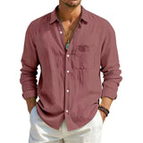 AIDASE  -  Men's Linen Texture Long Sleeve Shirt Light Blue Casual Button Down Shirts with Pocket Summer Old Money Style Breathable Tops aidase-shop