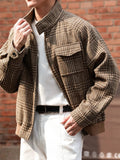AIDASE  -  Vintage Houndstooth Print Jacket Coat Mens Fall Winter Outdoor Casual Jackets Men's Stylish Zip-up Stand Collar Coats Outerwear aidase-shop