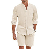 Aidase Daily Casual Breathable Cotton Linen Outfits Mens Vintage Stand Collar Button-up Shirts And Shorts Sets For Men Clothing Summer aidase-shop