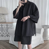 AIDASE  -  Summer Shirt Set Men Oversized Fashion Society Mens Black Formal Sets Korean Loose Casual White Striped Set Mens Plus Size 5XL aidase-shop