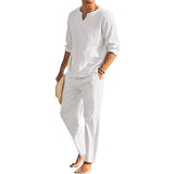 AIDASE  -  Men s Summer Cotton Linen Clothes Solid Color Long Sleeve Henley Shirt Elastic Waist Drawstring Pants 2 Pieces Loungewear Set