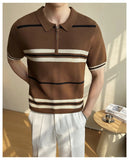 AIDASE  -  Summer Striped Knitted Shirt for Men, Business Casual Short Sleeve POLO, Half-Zip Breathable T-Shirt.Stretchable aidase-shop