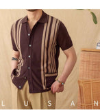 AIDASE  -  Versatile Men Shirt Striped Spliced Decoration Breathable Short Sleeved Knitted Cardigan Design Casual Clothing aidase-shop