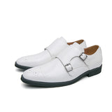 AIDASE  -  Dress Shoes Double Button Low Heel White Loafers Handmade Paty Leather Wedding Shoes Men Leather Formal Business Pointed Shoes aidase-shop