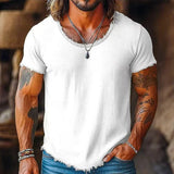 AIDASE  -  Classic Ripped O Neck Short Sleeve T Shirt Men Summer Casual Solid Color Loose T-shirts Mens Daily Leisure Pullover Tops aidase-shop