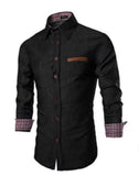AIDASE  -  Spring and Autumn Men's Casual Shirt Pocket Leather Slim-fit Long Sleeve Denim Shirt aidase-shop