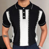 Aidase Men's Business Slim-fit Knit Polo Shirt Light Luxury Leisure Button-down Short Sleeve Shirts Breathable Patchwork Knitwear M-3XL