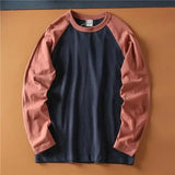 AIDASE  -  American Casual Shirt Retro Color-blocked Raglan Long-sleeved T-shirt Autumn O-Neck Casual Cotton Washed Brushed Bottoming Top aidase-shop