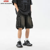 Aidase Korean Fashion Men's Wide Leg Denim Shorts Summer New Fashion Loose Casual Elastic Waist Large Pocket Cargo Men's Jeans Shorts