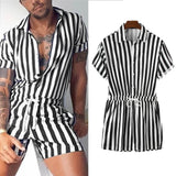 AIDASE  -  Men's Striped Rompers Streetwear Fashion Casual Playsuits Short Sleeve Button Lapel Jumpsuits Drawstring Boxers Shorts Bodysuits