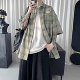 Aidase Summer Y2K Vintage Short Sleeve Shirt For Men Loose Appliques Polos Lapel Plaid Tee Shirts New High Street Pocket Blouse aidase-shop