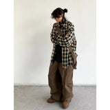 AIDASE  -  Retro American Plaid Long Sve irt Men Women Spring Autumn Mural Embroidery Ripped Workwear Loose Fit irt Jaet aidase-shop
