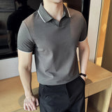 Aidase Business Casual Solid Color Men's Polo Shirt, 2024 Summer Classic, Men Short Sleeve V-neck T-shirt, Slim Fit Spliced Polo 4XL-M aidase-shop