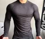 AIDASE  -  Muscular Men Sports Long Sleeve Trend Solid Color Practice Show Big High Elastic Fitness Clothes Quick Drying Small Neckline Top aidase-shop
