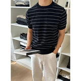 AIDASE  -  Men Crew Neck Striped Knit Short Sleeve T Shirt Loose Old Money Style Breathable Casual Summer Basic Top aidase-shop